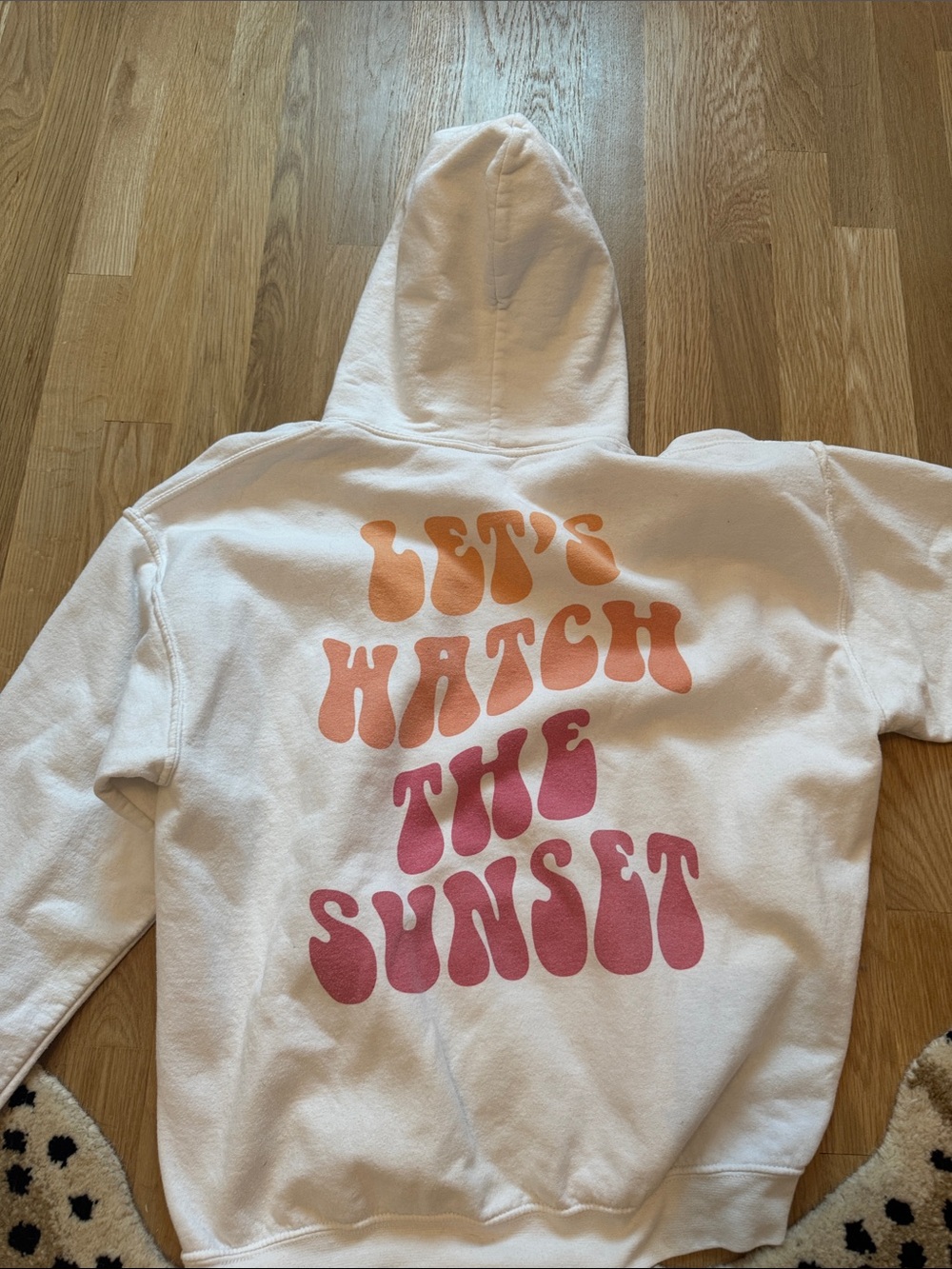White Hoodie with Orange-Pink Gradient 'Let's Watch The Sunset' Print